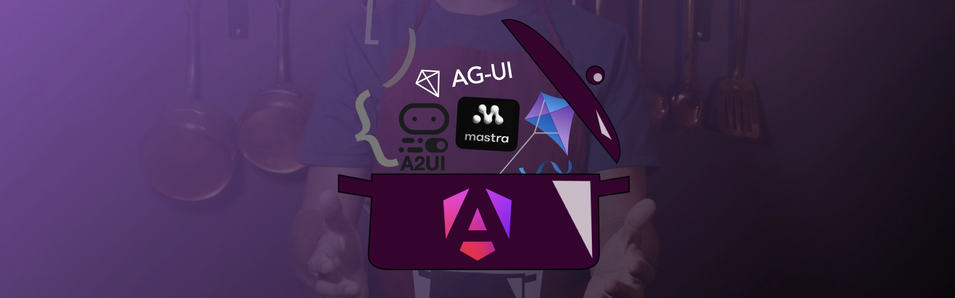 Visual metaphor for baking AI agents into Angular apps: a cooking pot holding the Angular logo, with AG-UI, A2UI, and Mastra going in as ingredients.