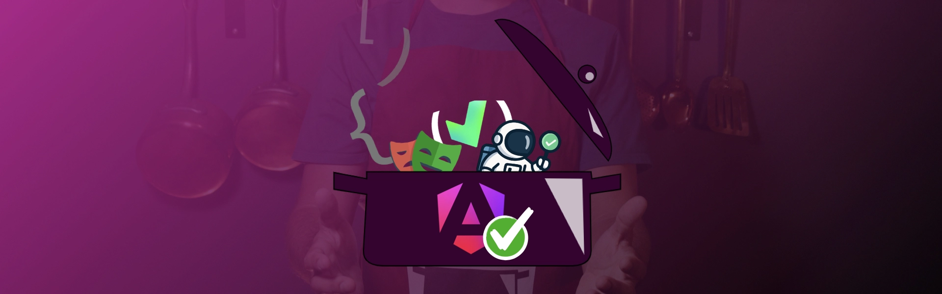 Younes in apron holding a purple cooking pot overflowing with Angular, Vitest, Playwright, and Testronaut logos in a kitchen setting.