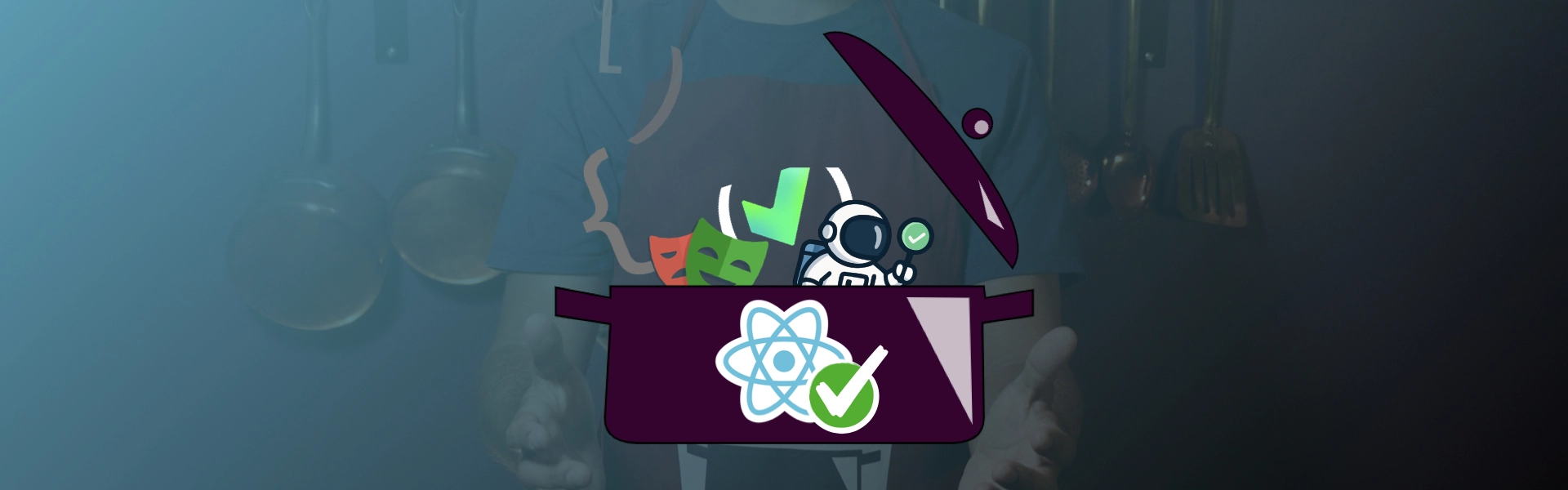 Younes in apron holding a purple cooking pot overflowing with React, Vitest, Playwright, and Testronaut logos in a kitchen setting.