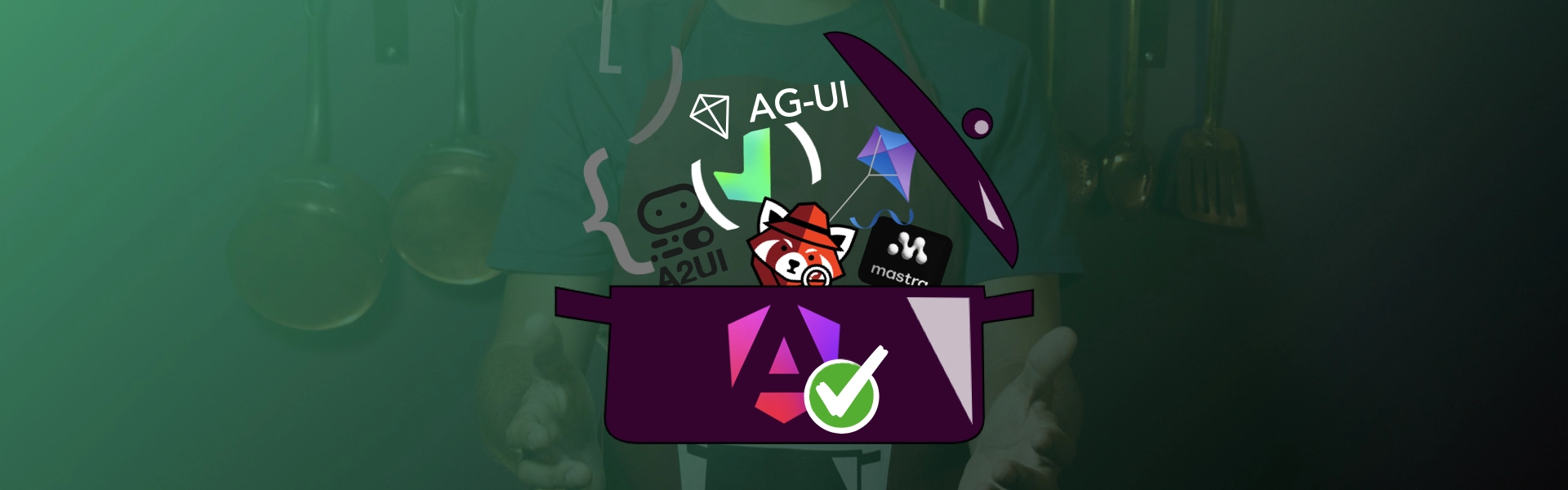Visual metaphor for testing AI-powered Angular apps: a cooking pot holding the Angular logo and a green check, with AG-UI, Vitest, A2UI, Mastra, and Langfuse going in as ingredients.